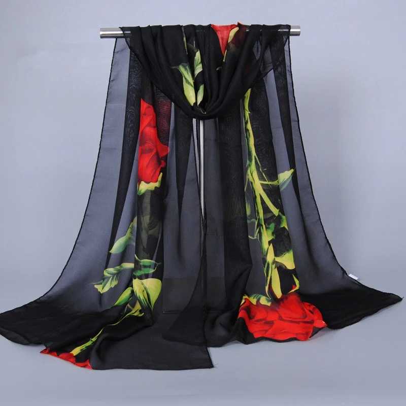 1Pc New Fashion Chiffon Silk Hijab Wens Long Soft Rose Flower Print Scarves Foard Wen Shawls X260328