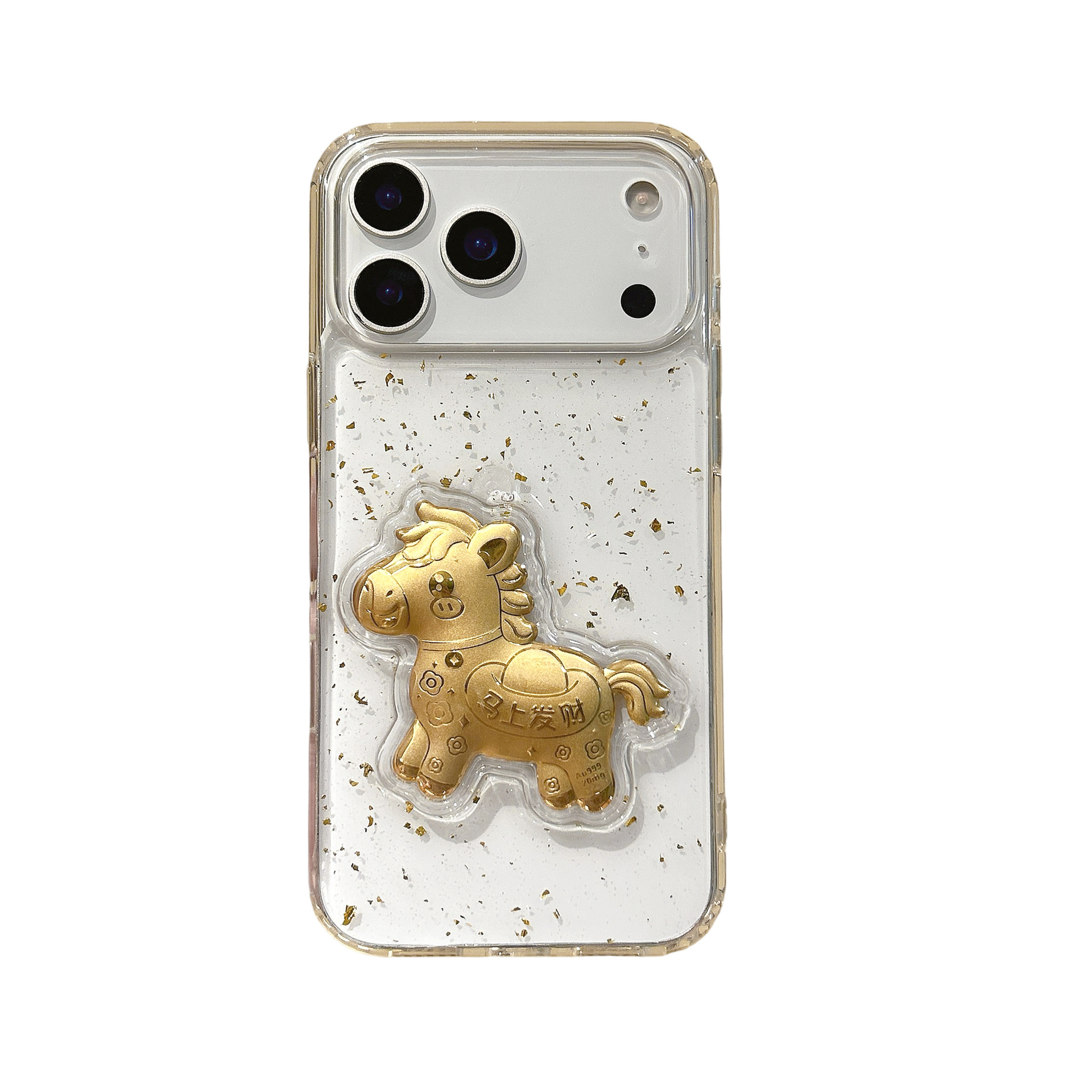 3D Epoxy Gold Foil Lucky Horse Transparent Shockproof Case for iPhone