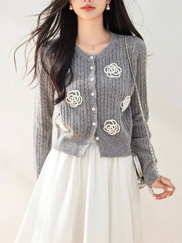 Handmade Woolen Tea Rose Casual Sweater Cardigan Women's Spring Autumn New Sle Small Fraance Knitted Top Ladylike Commute...
