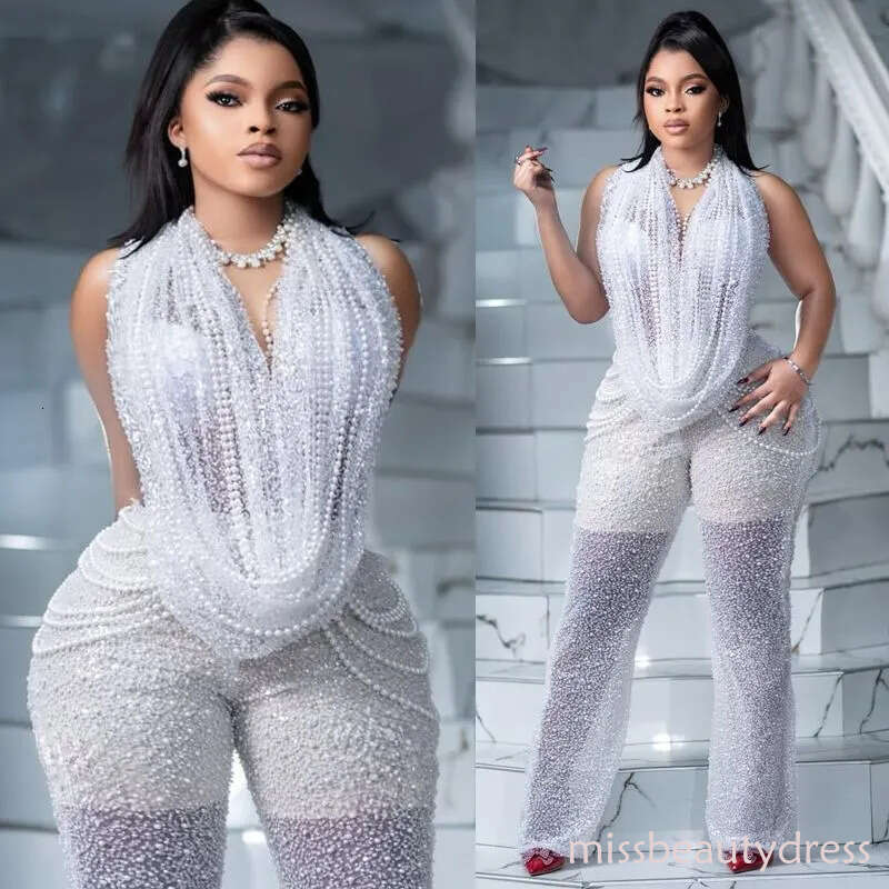 2026 Plus Size Sexy Jumpsuits Prom for Special Occasions Evening Dresses Elegant Scoop Pearls Sequined Lace Birthday Party Dress Reception Gowns AM316
