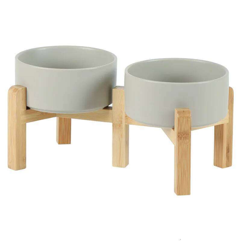 Big Dogs Bowl Double Ceramic Elevated Pet Food Water Feeders Small Medium Large Dog Feeding Supplies with Wooden Stand 26W0330