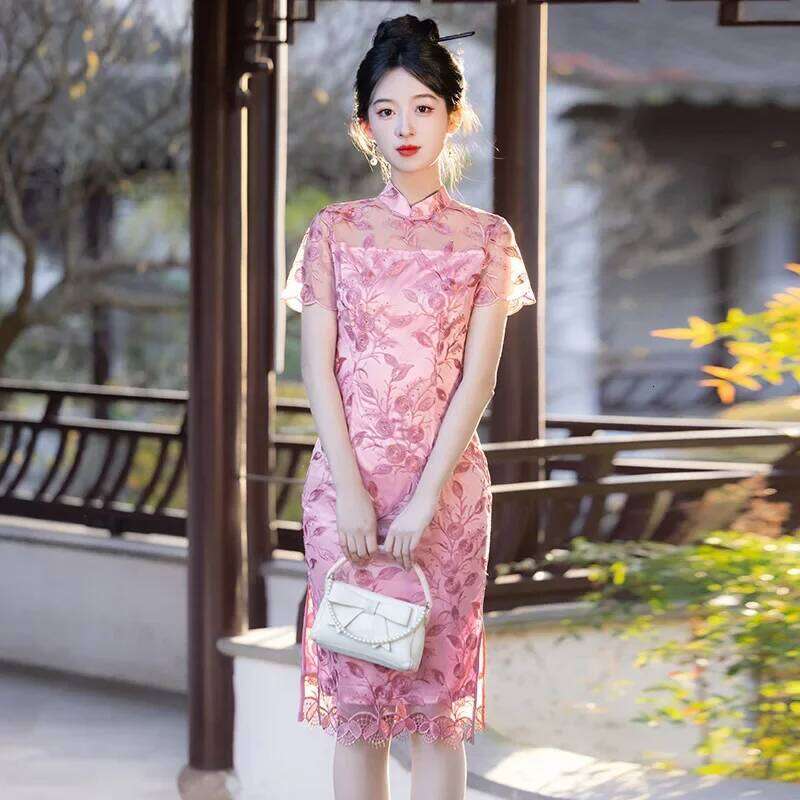 Yourqipao Summer Chinese Style Improved Cheongsam Fashion Embroidery Mid-Length Pink Short Youth Qipao Evening Dress For Women MAKOUFEI