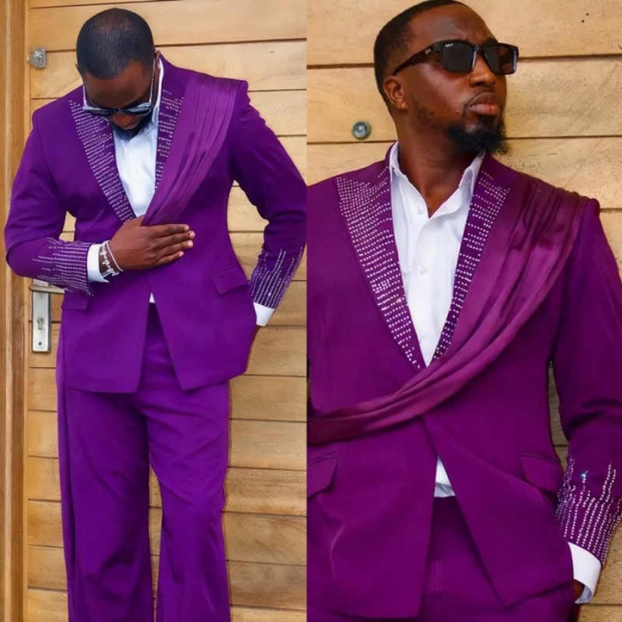Purple Men Tuxedos 2 Pieces Pleats Beads Groom Wedding Pants Suits Banquet Party Birthday Wear Customized