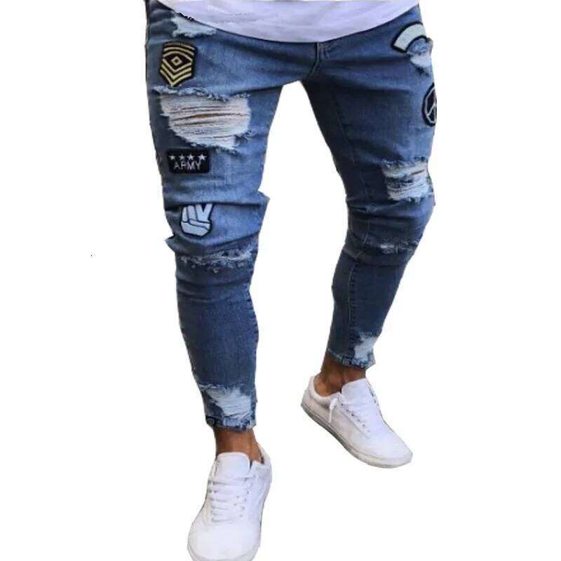 Men Stretchy Ripped Skinny Biker Embroidery Cartoon Print Destroyed Hole Slim Fit Denim High Quality Hip Hop Black Jeans 26Y0330
