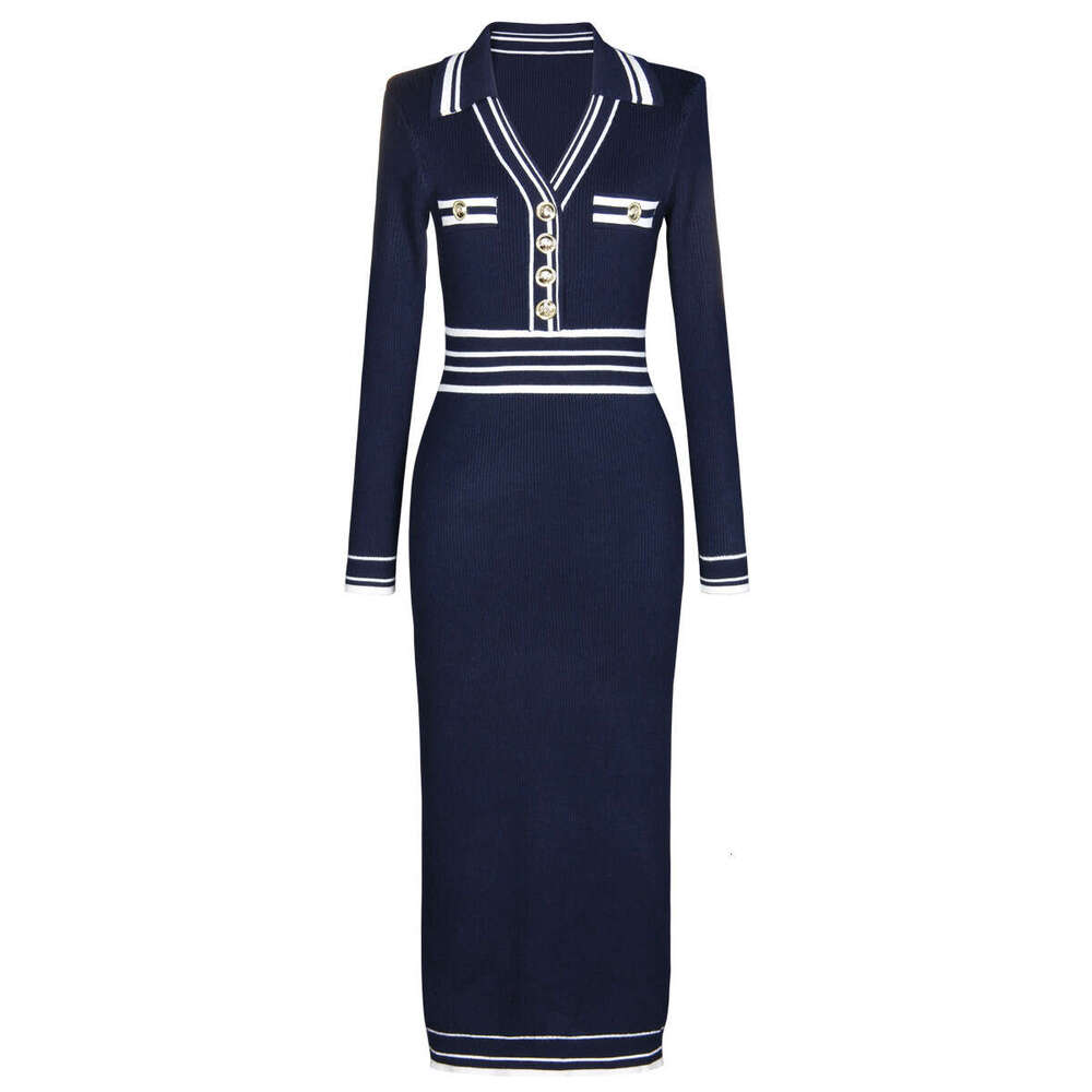 X21 Spring and Autumn New Designer High quality Knitted Collar with Patchwork, Slim fit Women's Long sleeved Dress