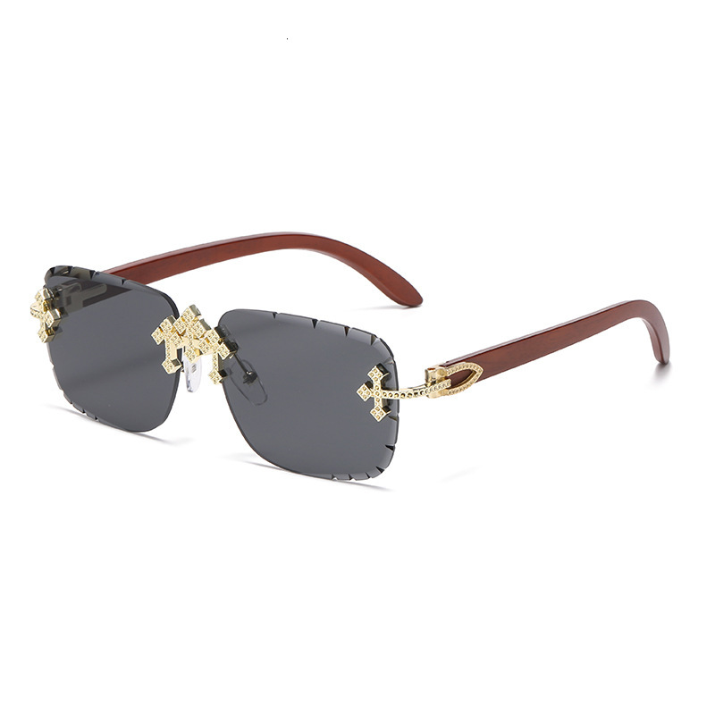 Luxury Brand Designer Sunglasses New Diamond-Studded Frameless Cross Sunglasses For Men Trendy Metal Sunglasses For Women High-End Decorative Wood Gra