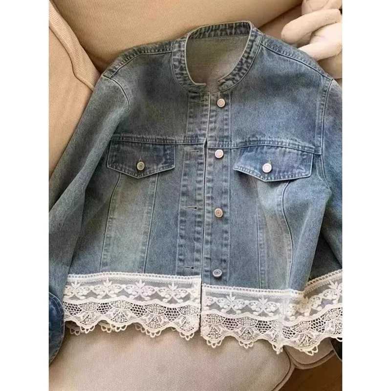 New jacket Denim jacket Early spring Retro Washed Small Collar Lace Stitching Loose Casual Denim Jacket Womens Short ParagraphT260328