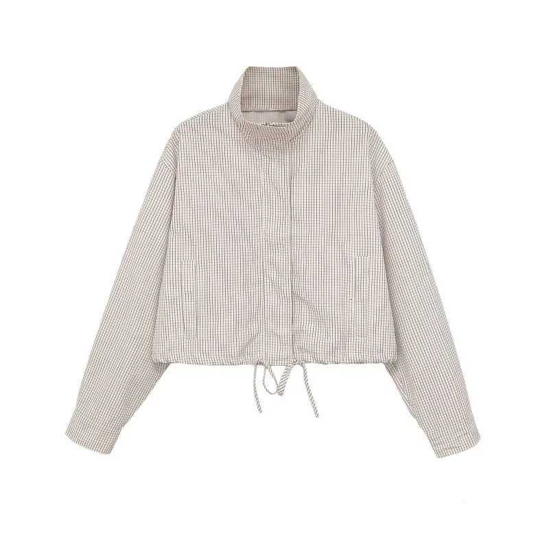 ETJ Womens Cropped Checkered Jacket High Neck Puff Sleeve Oversized Top with Drawstring Hem 2026 Spring Casual OuterwearT260328