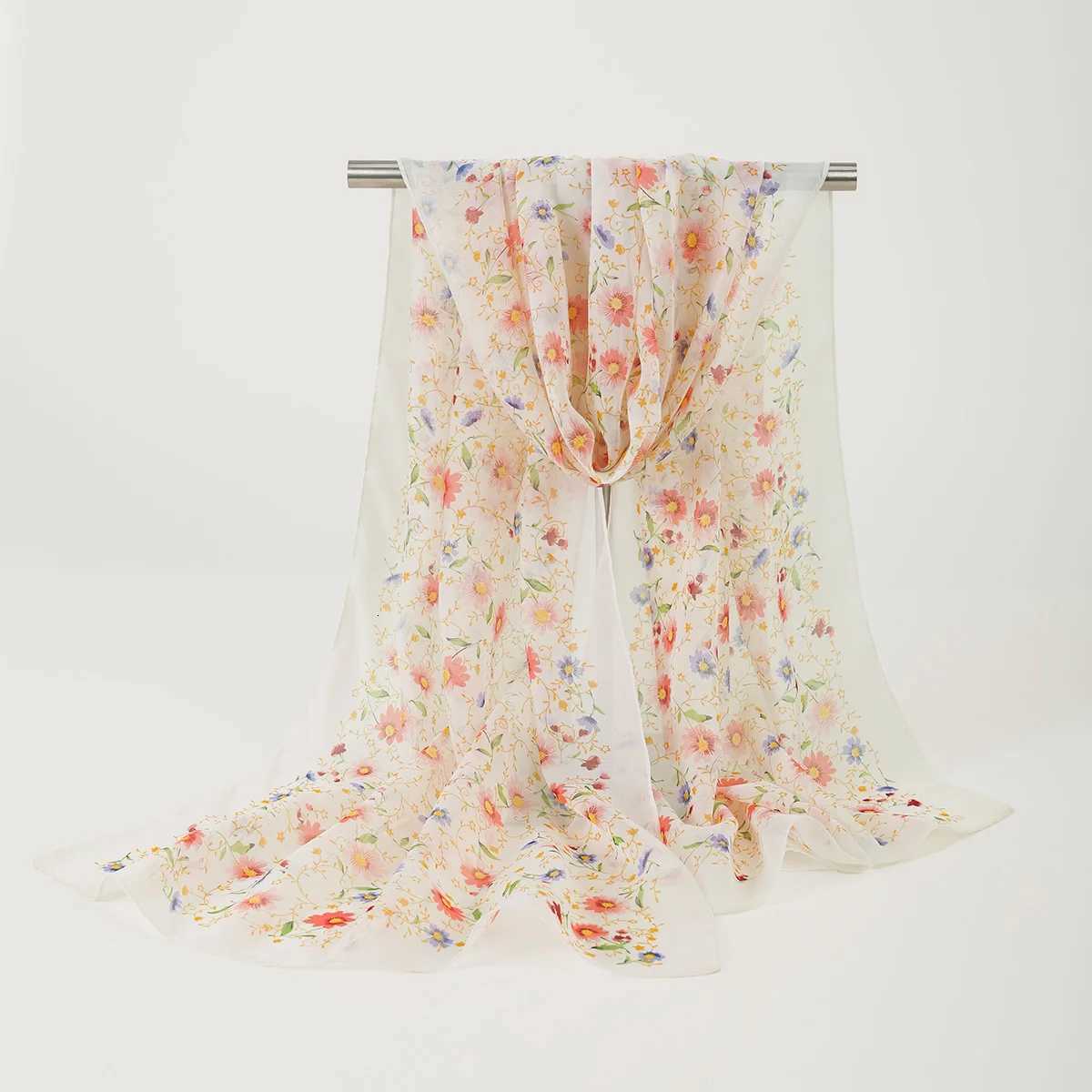 Summer Floral Printed Scarf Elegant Lightweight Chiffon Silk Shawls Travel Beach Sunscreen Towel Fashion band Turban X260328