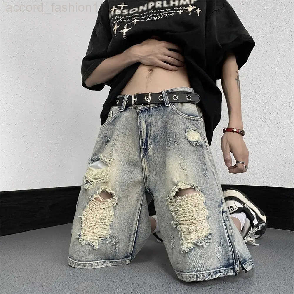 Mens High Street Ripped Denim Versatile Loose and Handsome Shorts H260330