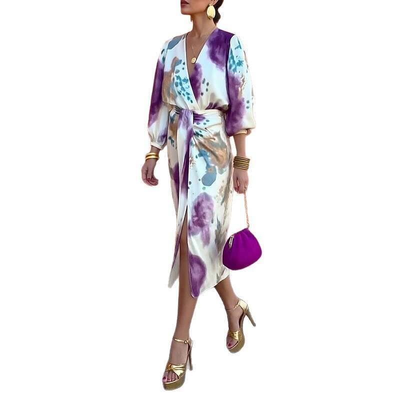 2026 Spring New Collection: Cross-Border European American Foreign Trade Women's Clothing, Sexy and Elegant V-Neck Printed Slim-Fit Casual Suit