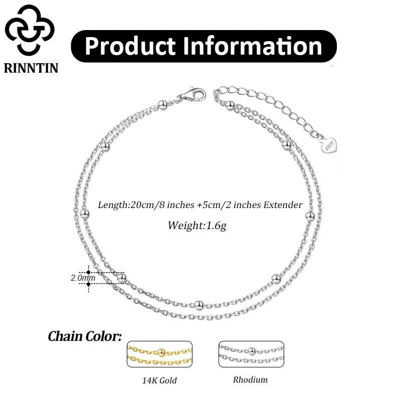Rinntin 925 Silver Double Layered Satellite Chain Anklet for Women Summer Foot Chain Bracelet Fashion Ankle Straps Jewelry SA14 260324