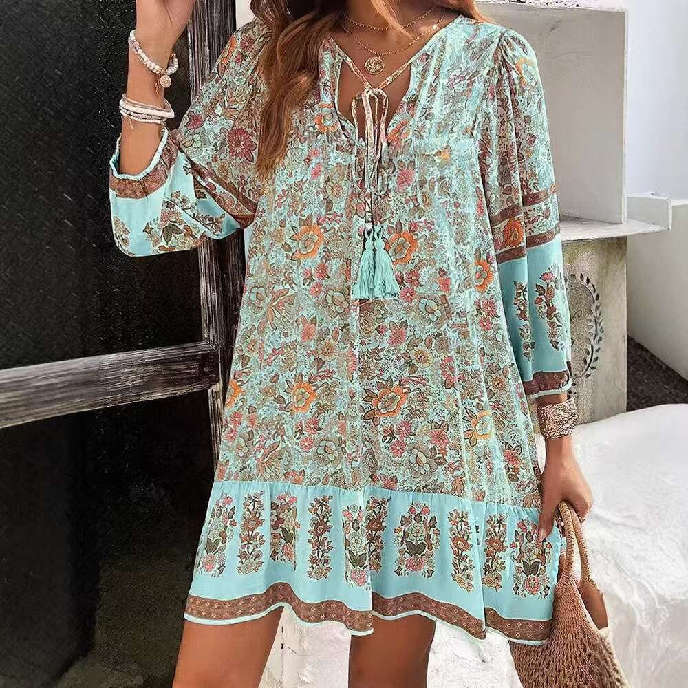 In-stock European and American cross-border printed shirt, foreign trade spring-summer casual bohemian vacation V-neck dress for women