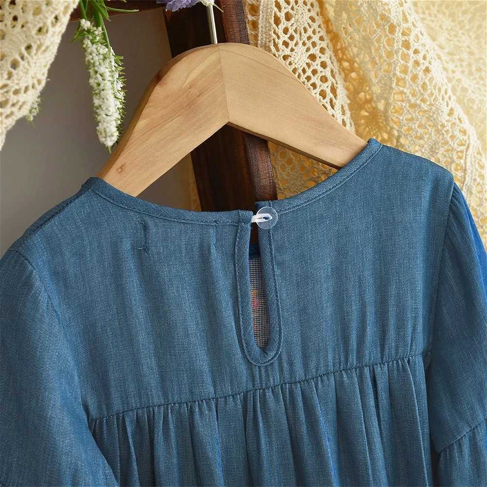 Autumn Long Sleeved Blue Childrens Clothing Imitation Denim Flower Embroidery Girl Casual Dresses Solid Color Spring Kids DressT260330