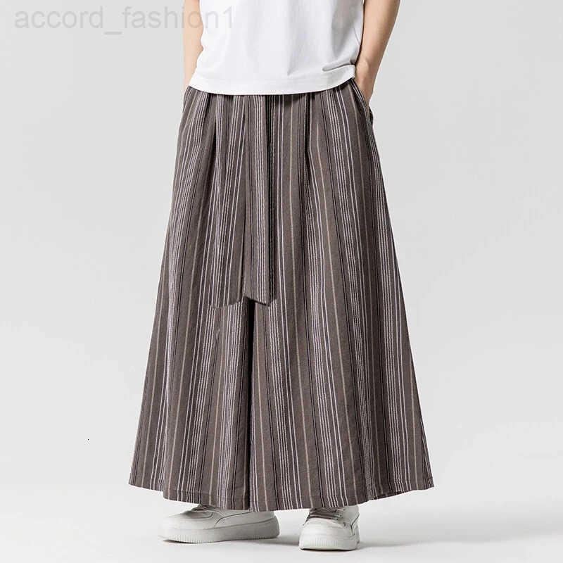 Striped Pants Mens Cotton Linen Comfortable Breathable Wide Leg Trousers Kimono Japanese Samurai Casual Loose Fashion Pants Men H260330