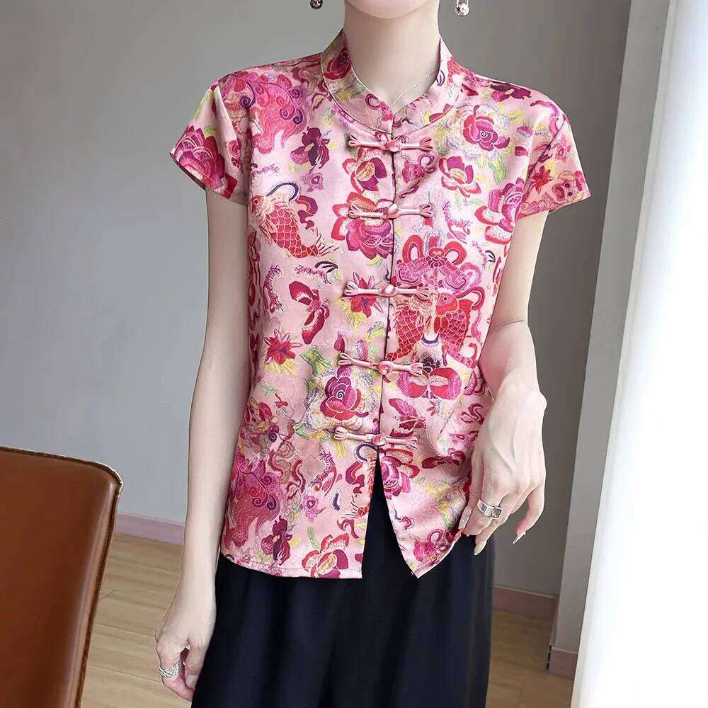 Chinese Style Women's Shirt Sleeve Acetate Satin T-Shirt Waist Cinched Qipao Short Top Summer New Arrival MAKOUFEI
