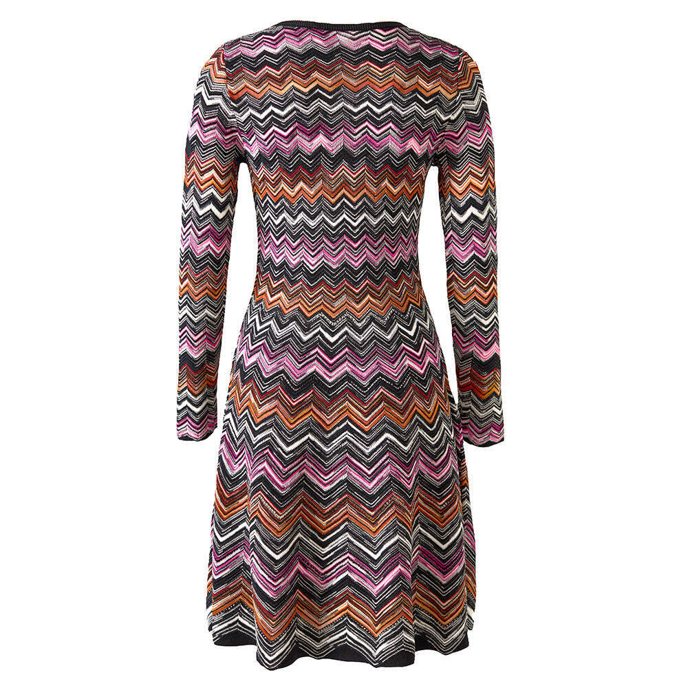 Designer Women's Fashion Large Bottom Color blocked Round Neck Long Sleeve Knitted d24 Dress Subtle Sexy Long Dress