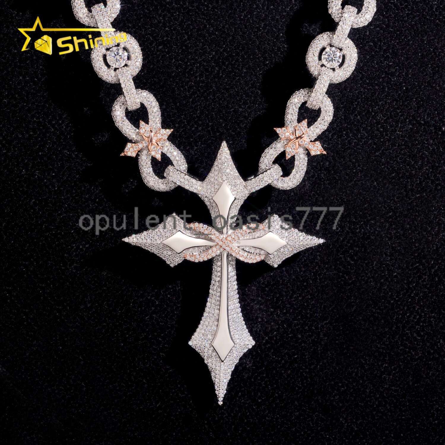 New Arrival Iced Out 925 Silver Moissanite Cuban Link Chain with Cross Pendant Luxury Men Infinity Cuban Link Moissanite Jewelry