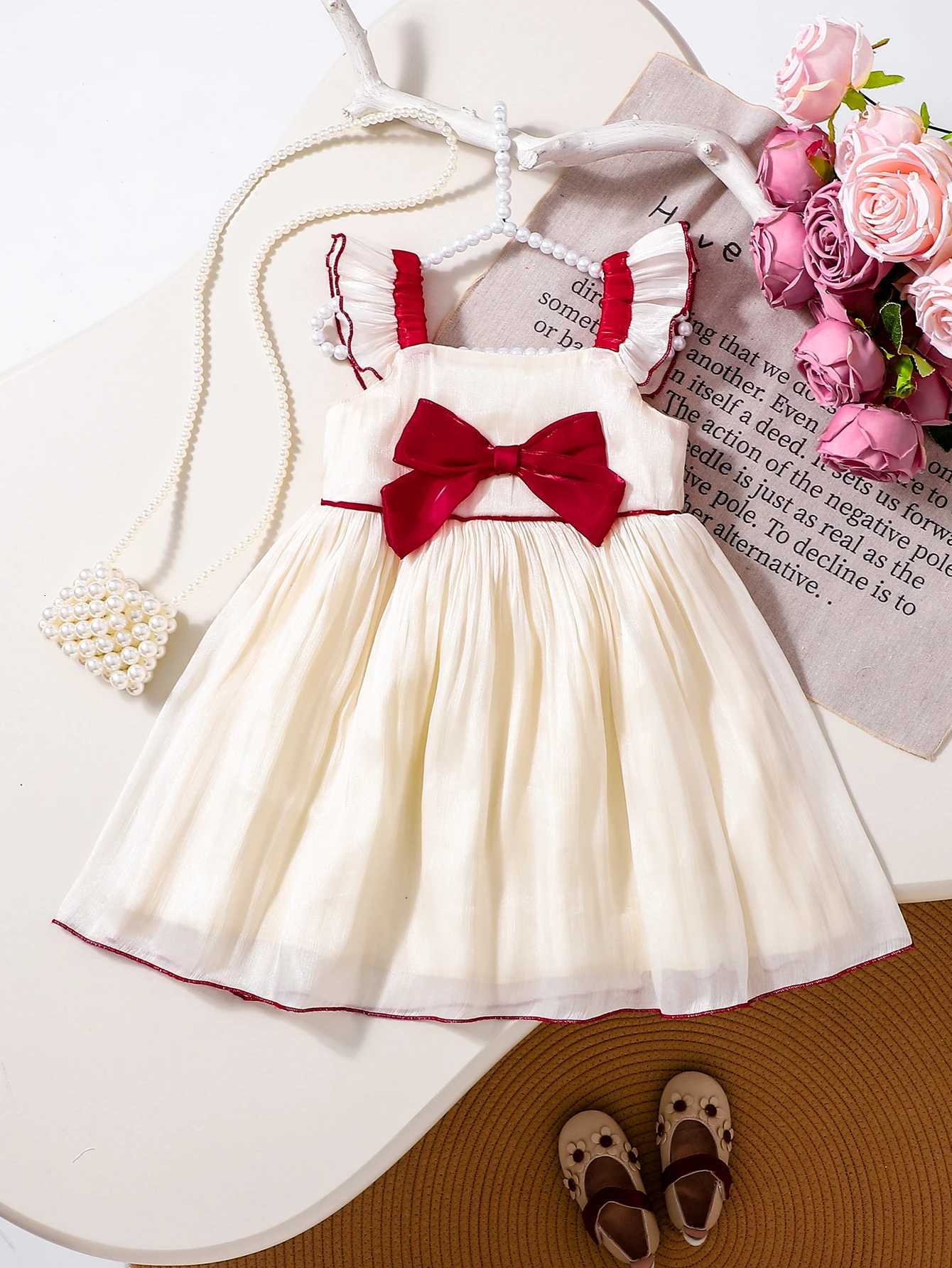 Summer New Arrival Girls Red And White Color Block Princess Dress with Large BowtieT260330