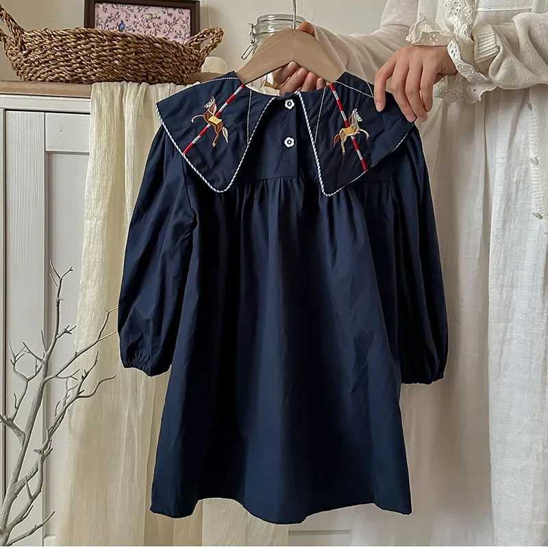 Girls Casual Dresses Carousel Embroidered Lapel Long-sleeved Dress for Girls Wedding Dress Kids Clothes for GirlsT260330