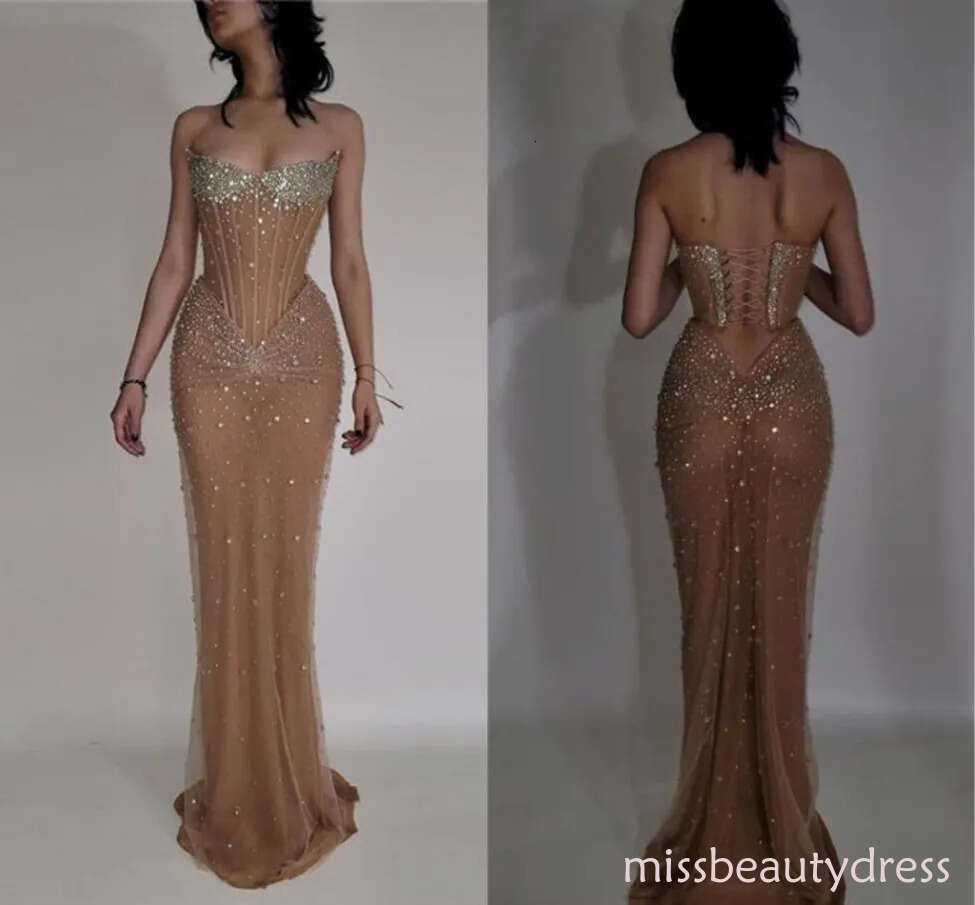 Gorgeous Dark Champagne Evening Prom Dresses Sexy Strapless Beads Crystals Corset Backless Long Vestidos de novia BC20529 ZD10