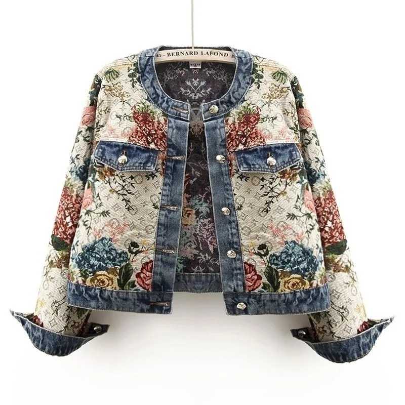 Chinese retro jacquard long-sleeved round neck denim jacket womens spring new fashion temperament short Joker little jacketT260328