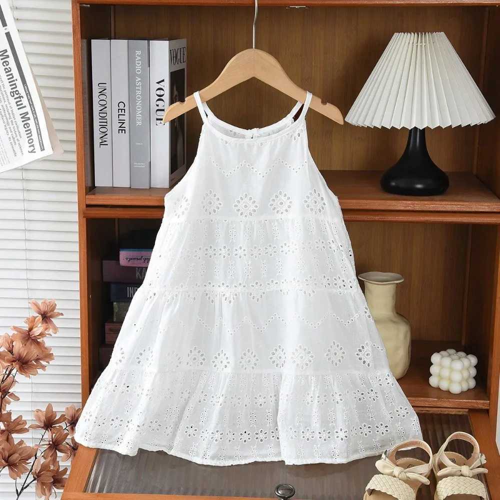 2026 Kids Clothing Korean Dress for Girls Solid Color Lace Hollow-out Suspenders Dresses Plain Cotton Girls Summer ClothesT260330