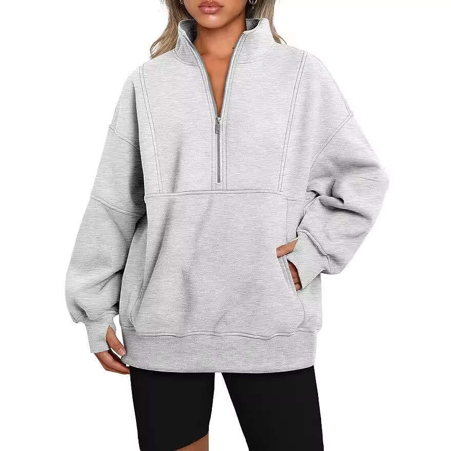 2026 European and American women's clothing, pocket half-zip loose casual patchwork stand-up collar fleece-lined sweatshirt