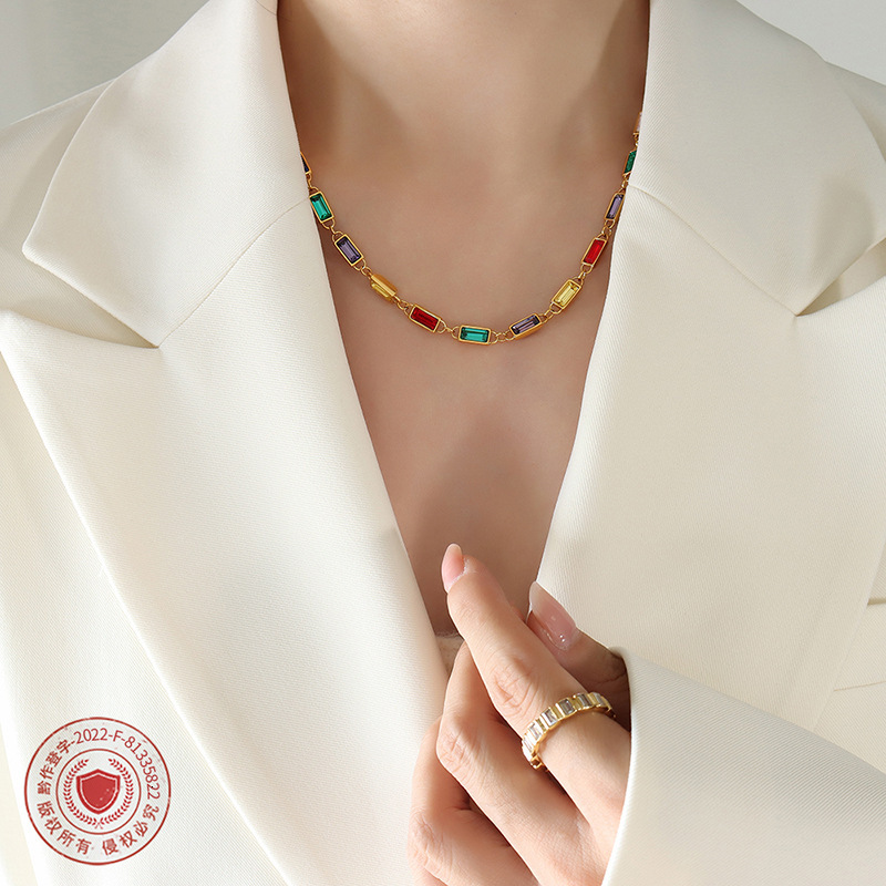Colorful Rectangle Rhinestone Spliced Necklace Non-fading Bracelet 18k Gold Stainless Steel Multi-color Stones Luxury Designer Simple Unique Jewelry S
