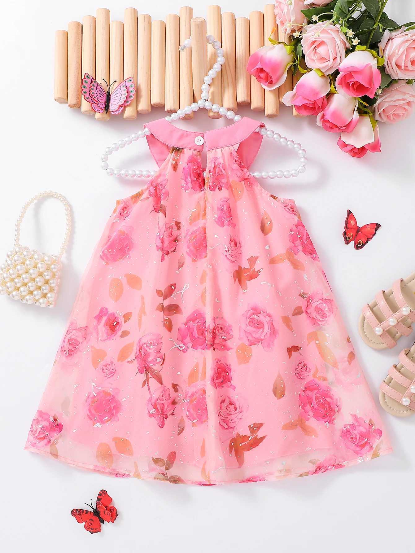 Girls Pink Rose Print Hanging Neck Princess Dress Childrens Sequin Tulle Gown Elegant Party Wear for KidsT260330