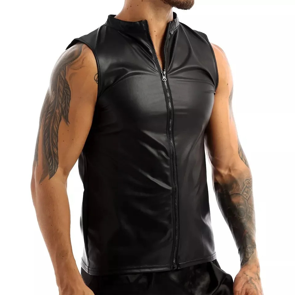Mens Leather Vest Elastic Fashion PU TShirts Bikers Tank Tops Streetwear 260312