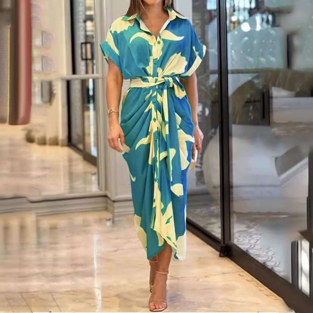 2026 Summer Single-Breasted Mid-Length Women's Printed Short-Sleeve Shirt Dress