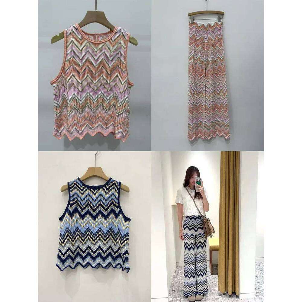 Contrasting Wave Pattern Women Clothes Sleeveless O-Neck Sweater Vest Tank Top Or Casual Long Pants For Female Mdng260330