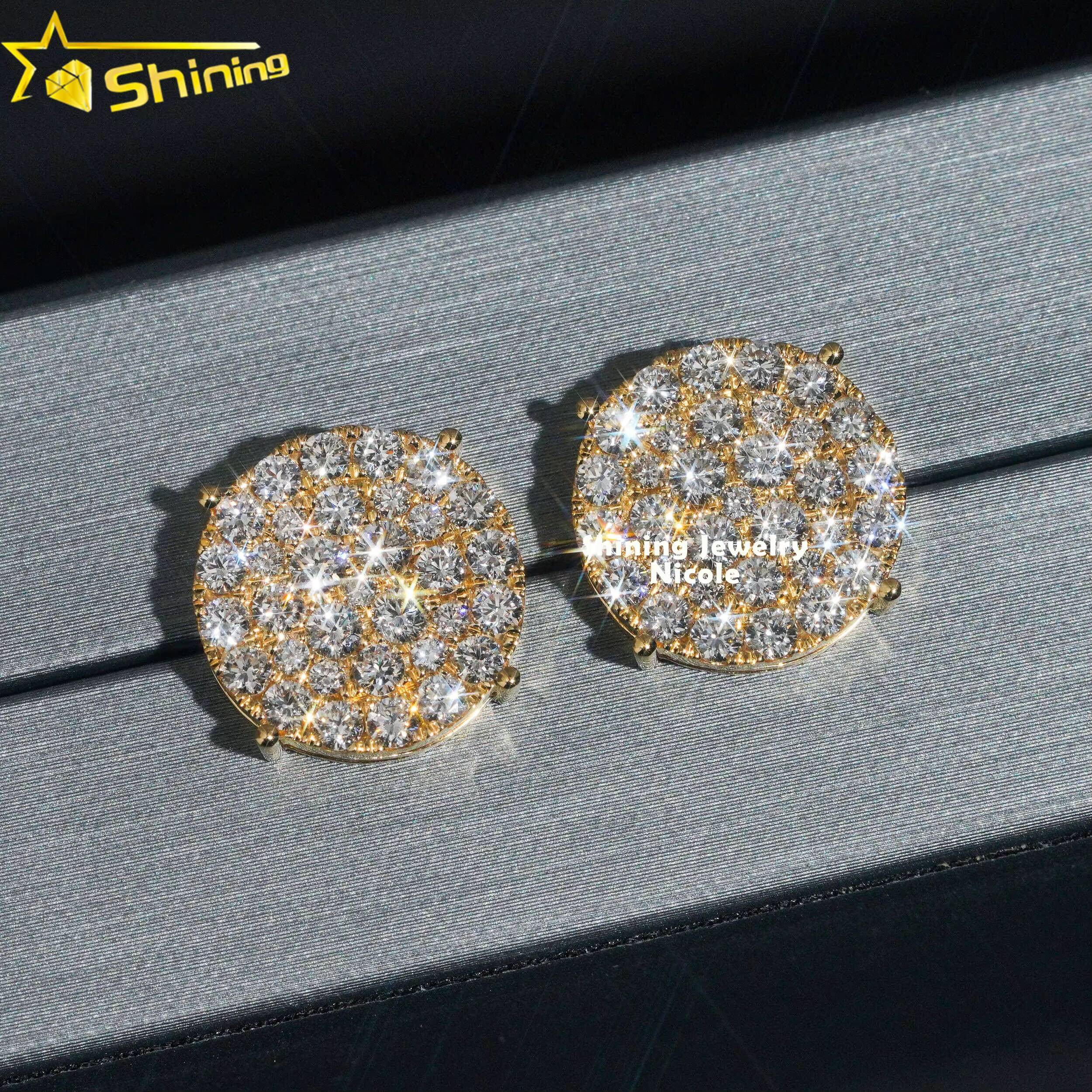 Luxury Hip Hop Yellow Gold Certified Iced Out Top Quality Solid 18k Gold Lab Diamond Earrings