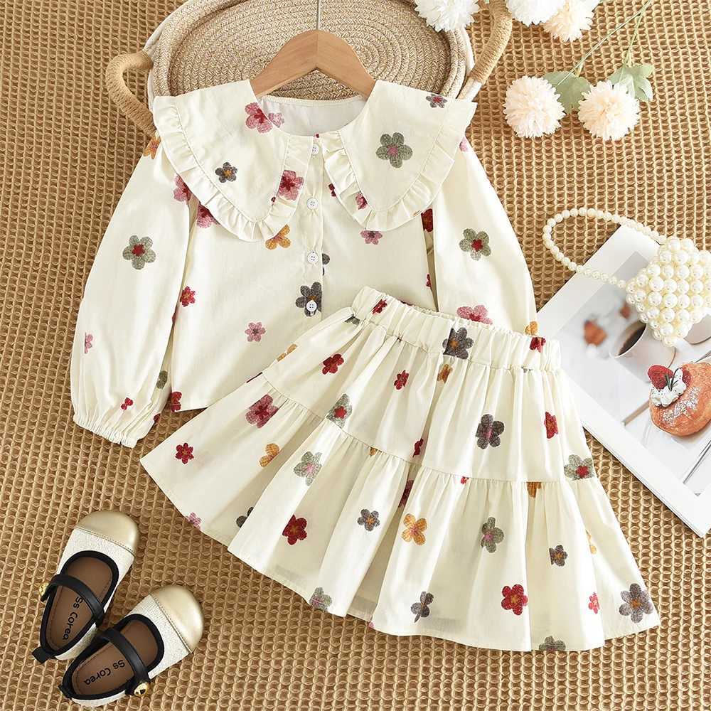 2025 New Girls Autumn Clothing Long Sleeve Flip Collar Printed Shirt Top Short Skirt Spring Fashion Casual Childrens SetT260330