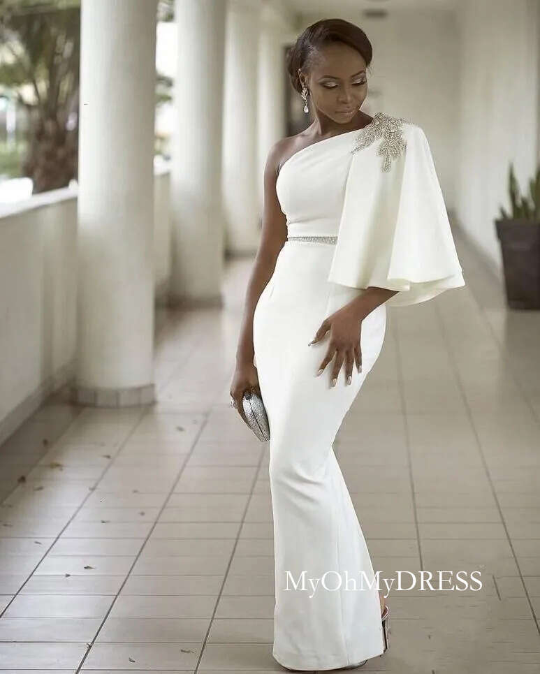 Evening Dresses Wear White One Shoulder Half Sleeves Mermaid Formal Beading African Dubai Women 2022 Long Sheath Prom Robe De Soiree Gown D0330