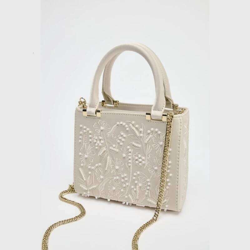 Chinese Embroidery Pearl Mini Duffel Handbag, Women's Crossbody With Chains, Fashionable Small Tote Bag Ladies Luxury Bags