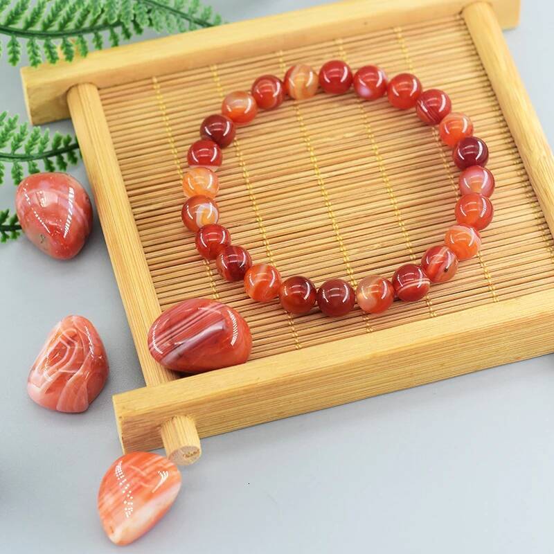Natural Stone Stripes Agates Beads Bracelet Women Men Genuine Red Carnelian Round Healing Jewelry Yoga Meditation Plusera