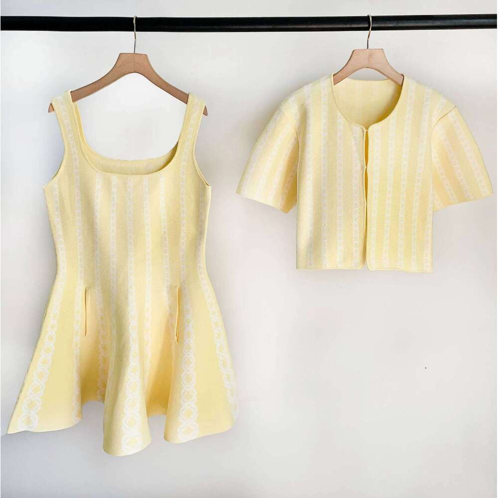 Striped Jacquard Women Yellow Knitted Tank Dress Sleeveless A-Line Vest Robe Or Short Sleeve Female Cardigan Single-Breasted Top Mdng260330