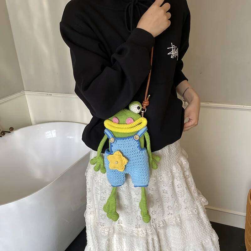 Finished Big Mouth Frog Mobile Phone Sausage Lips Wool Woven Bag Leather Shoulder Strap Ugly Cute Christmas Gift Clutch Bags