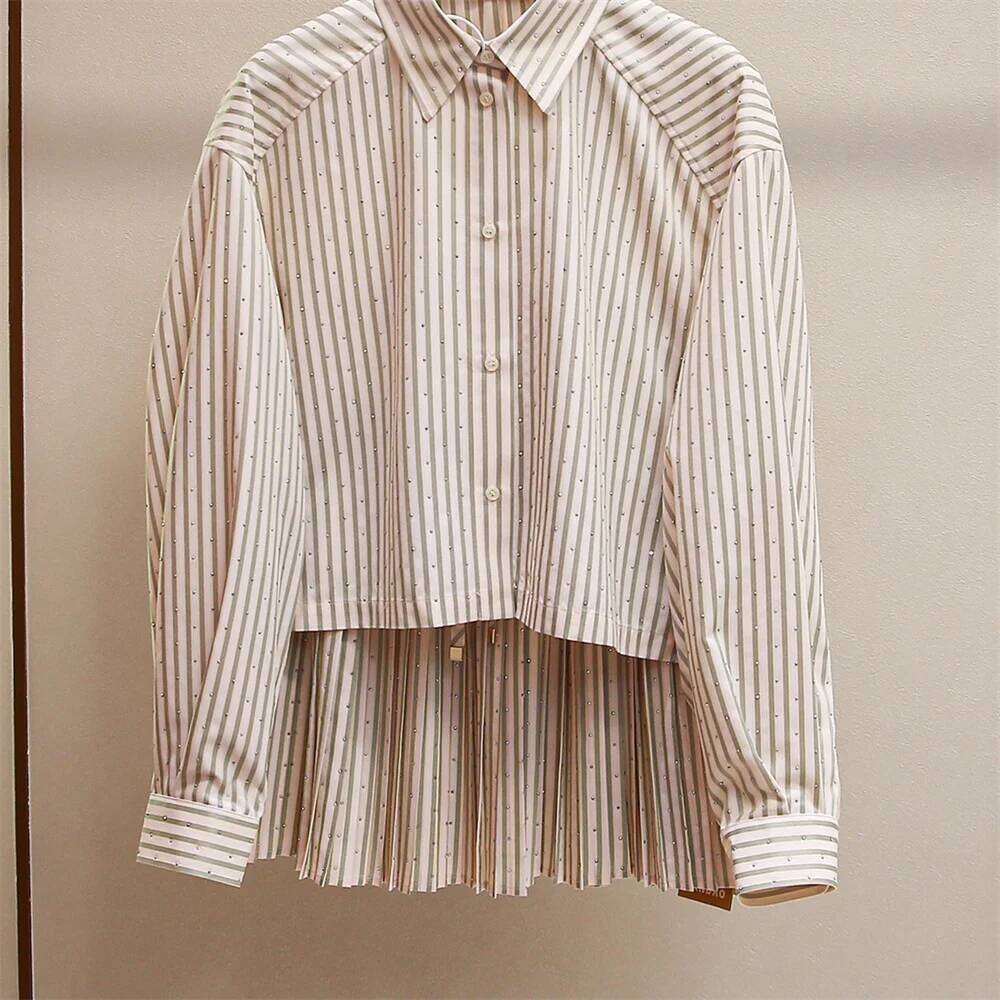 Rhinestone Decoration Women Striped Shirt Turn-Down Collar Blouse Top Or Elasitc Waist Pleated Mini Skirt For Ladies Mdng260330