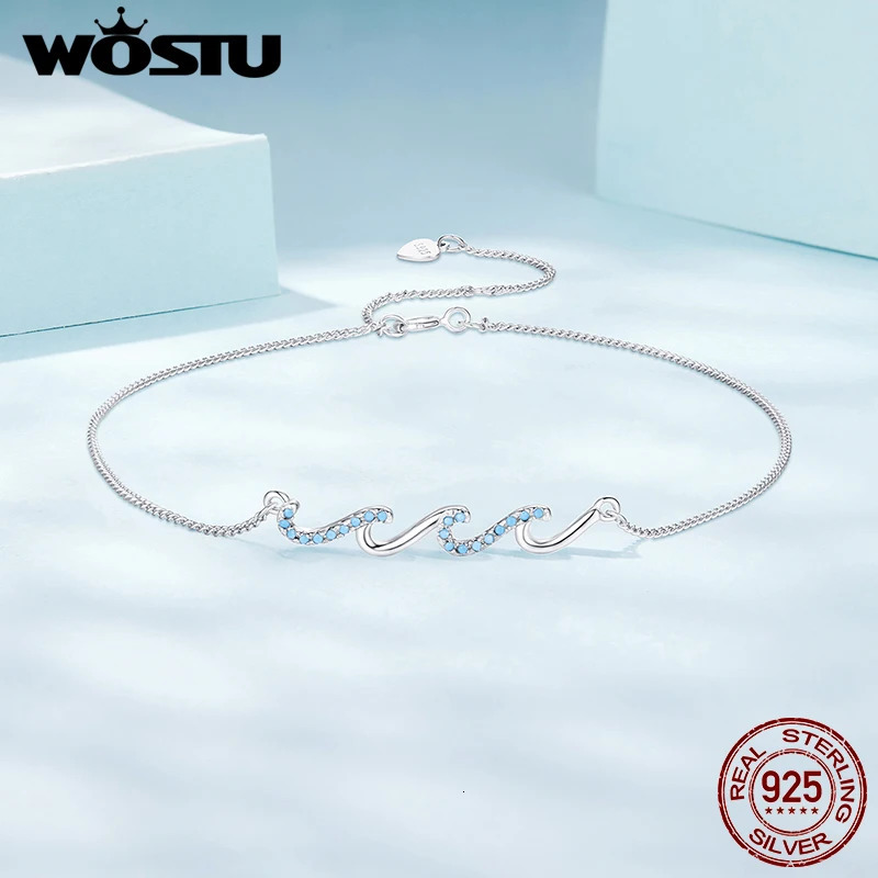 WOSTU 925 Sterling Silver Ocean Blue Wave Charm Anklet For Wave Ziron Foot Chain Links Girl Daugther Beach Jewelry Holiday Gift 260324