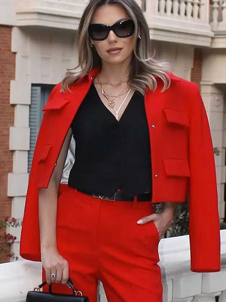 HH Womens Autumn Street Fashion Cropped Jackets With Pockets Long Sleeves Lapel Solid Color Slim Front Flap Causal CoatsT260328