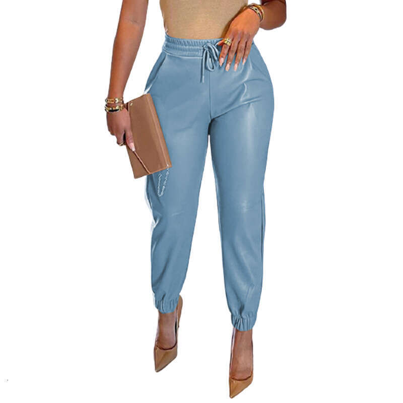 2026 Spring/Summer European and American New Arrival Solid Color Drawstring Pocket PU Leather Casual Fashion Jogger Pants for Women