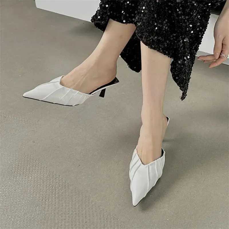 Eilyken Spring Elegant Pleated Women Slipper Sexy Pointed Toe Thin Low Heels Slingback Mules Shoes Z260330