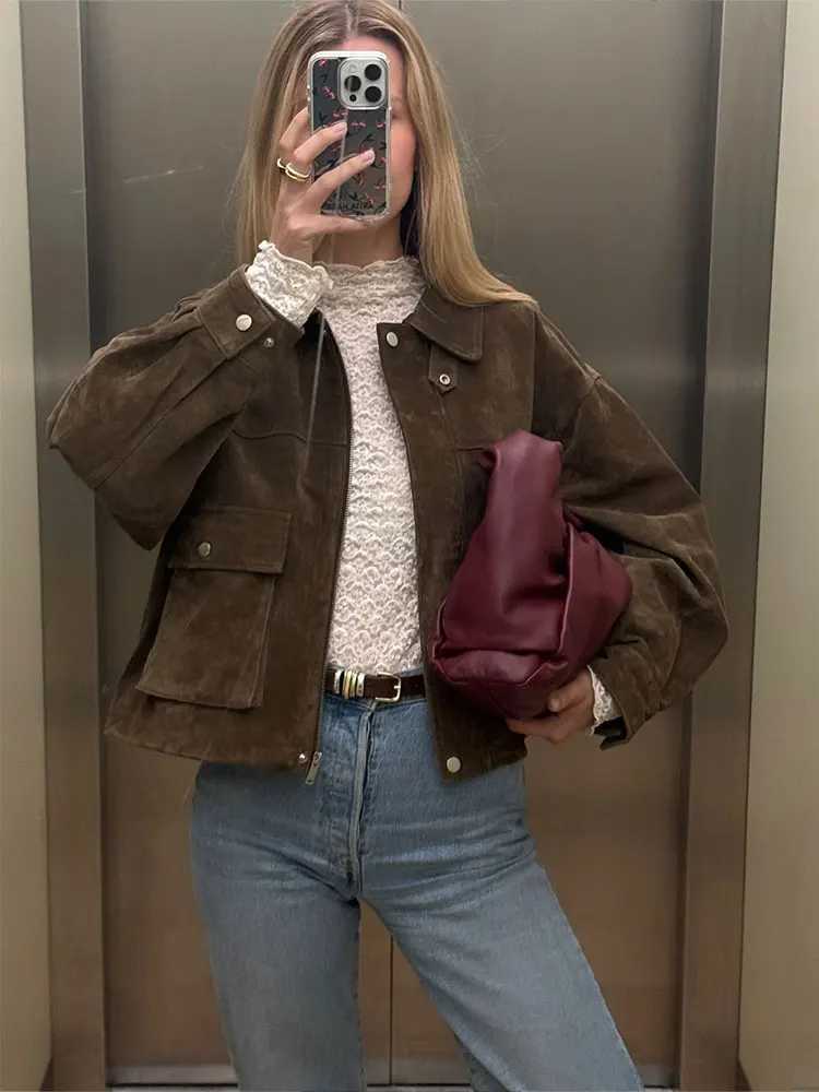 HH Women Vintage Solid Lapel Coats Long Sleeve Zipper Jacket With Pockets 2025 Autumn Fashion Lady High Street Lady OutwearT260328