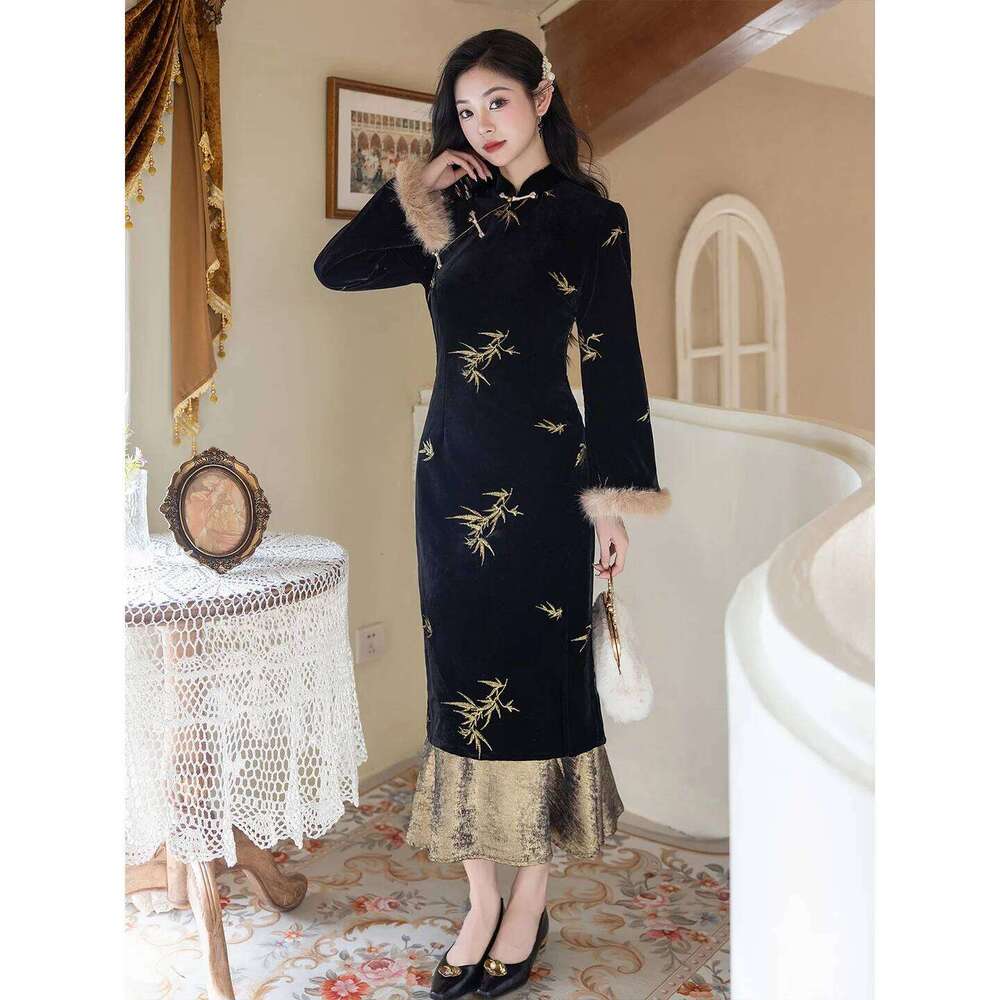 Yourqipao Autumn And Winter New Style Long-Sleeved Cheongsam Chinese Hanfu Fishtail Skirt Qipao Dress For Women MAKOUFEI