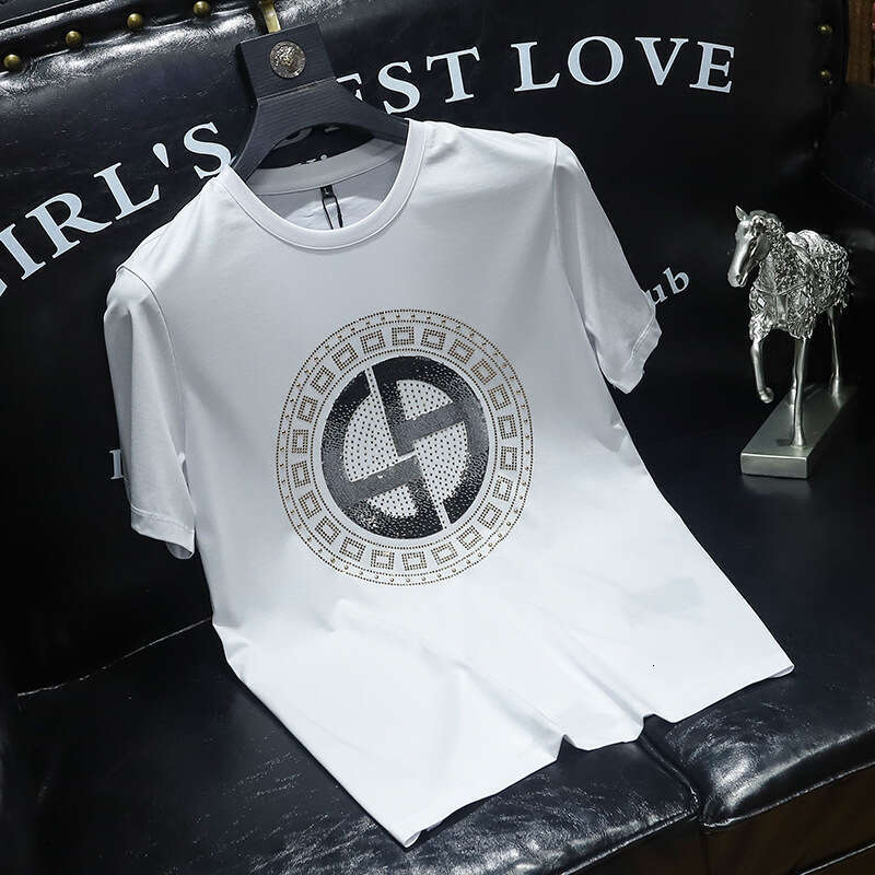 Mens short-sleeve T-shirt with rhinestones European style trendy fashion slim fit light luxury heavy-duty sequin half-sleeve tee