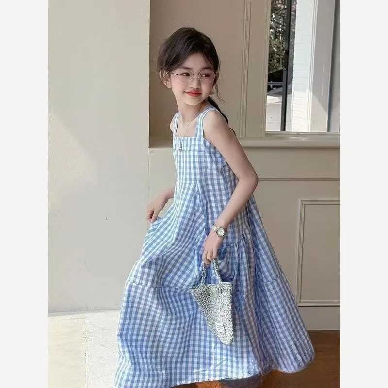 UNITIM Summer Kids Girls Sleeveless Dress Cotton Blue Plaid Children Girls Sundress 4-14Yrs Girl Dress Young Teens Girls DressesT260330