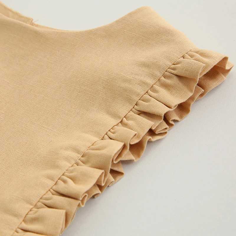 Retro Linen Ruffle Sleeveless Girls Dress Summer New Baby Girl Casual Button Elastic Waist Cotton And Linen Princess DressesT260330
